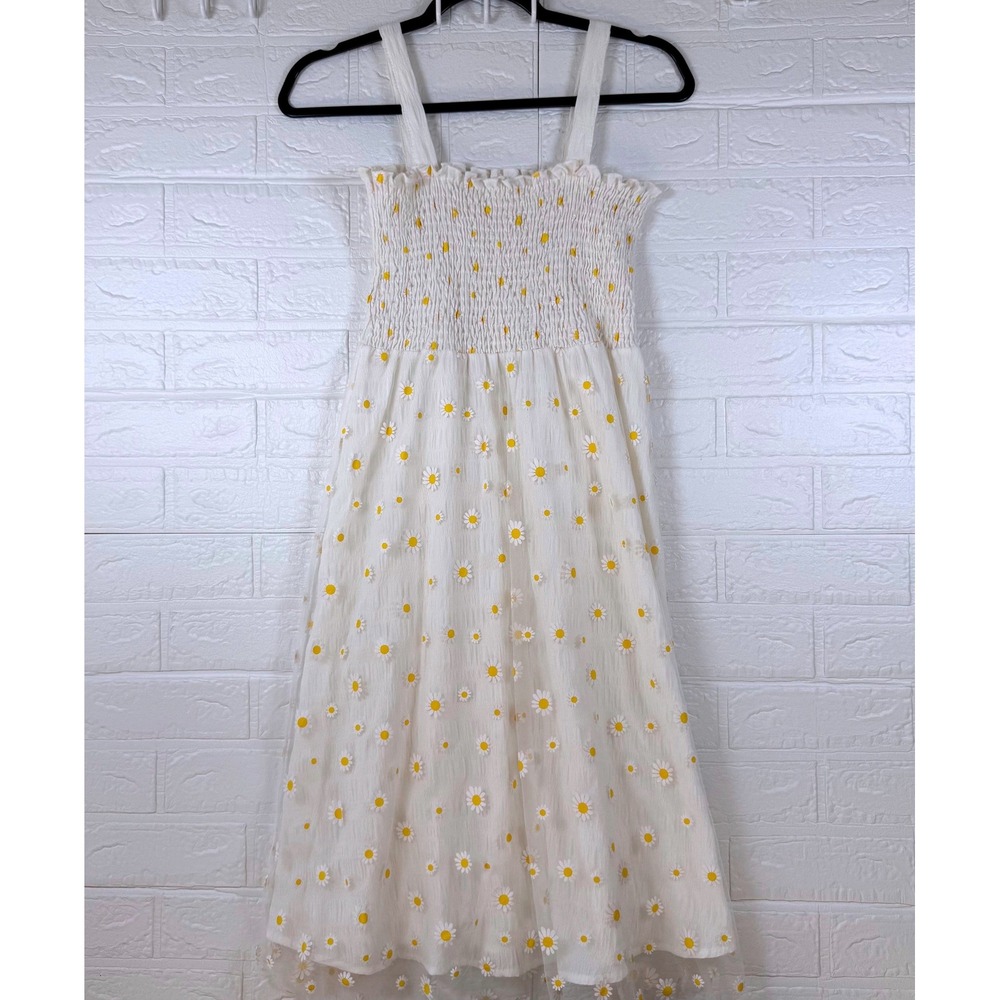Daisy Mesh Midi Dress Women Small White Yellow Smocked Embroidered